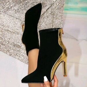 Black Contrast Leather Ankle Boots, Pointed Toe,Stiletto Heel,Gold Hardware
